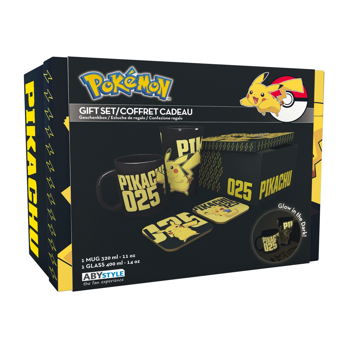 Pokémon - Pikachu Glow in the dark - Lahjasetti (Muki, juomalasit & mukinaluset)